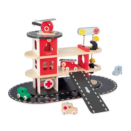 Caserne pompier - Garage en bois jouet, jouet enfant 2 ans JANOD