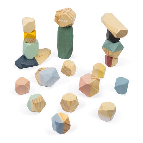 Pierres en bois à empiler - Boîte de 16 pièces couleurs acidulées