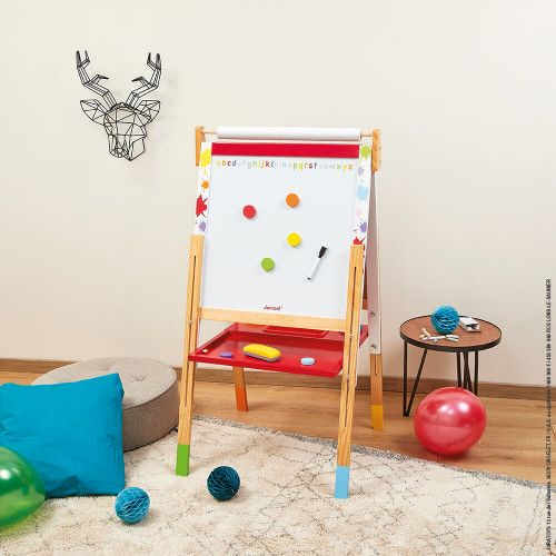Relaxdays Tableau droit enfant; réglable en hauteur et magnétique, en bois,  Blanc et à craie,122-160 x 65 x 69 cm,nature