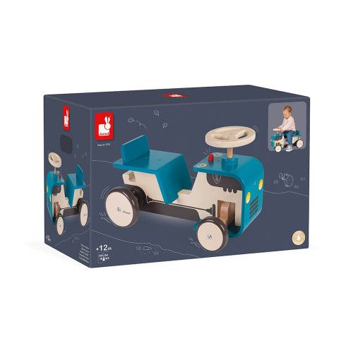 Janod - Traktor Rutscher aus Holz - Baby Rutschauto - Mit Lenkrad,  Integrierter Hupe und Anhängerkupplung - Geräuscharme Räder - Holzspielzeug  